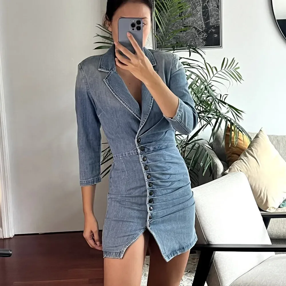 Retrofete Willa Jean Denim Mini Dress Blue XS Western Padded Shoulders - Picture 2 of 6